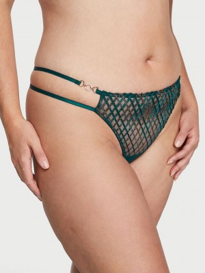 Black Dark Green Women's Victoria's Secret VERY SEXY Shimmer Embroidery Strappy Thong Panty | PX3985147